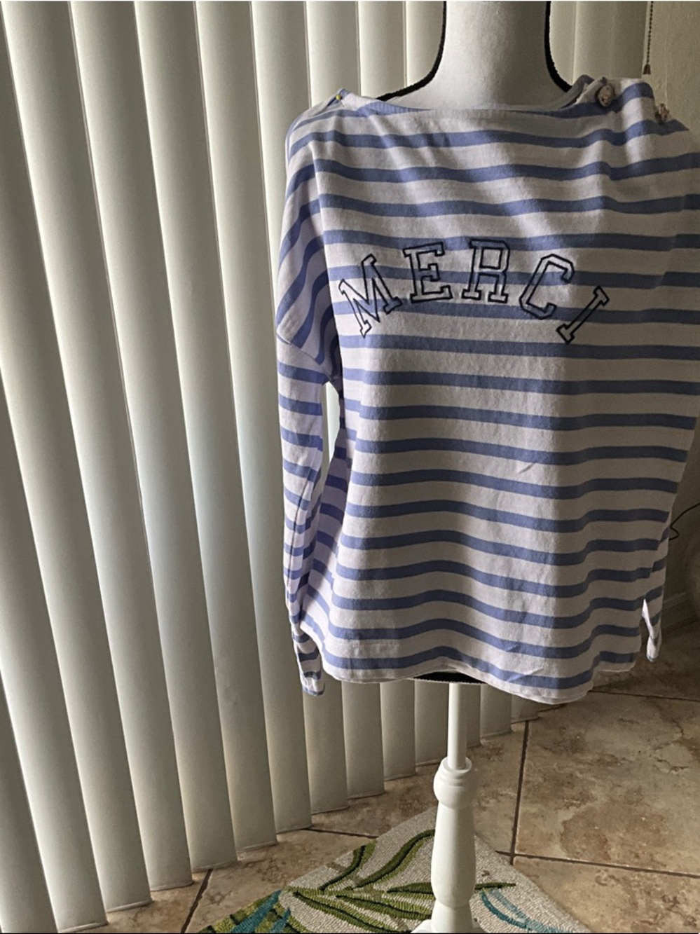 LOFT Blue & White Striped Long-Sleeve Top with MERCI Graphic